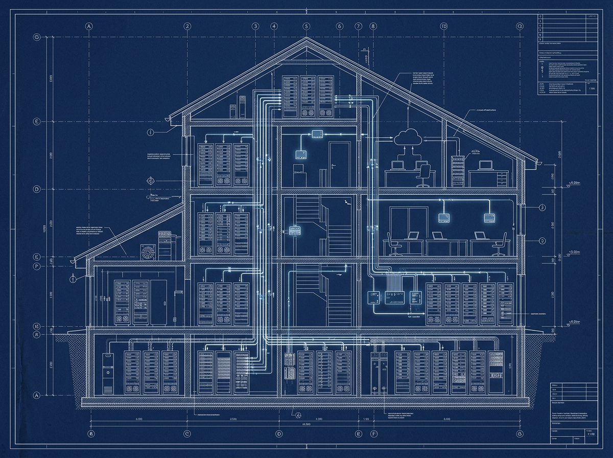 Blueprint-style drawing of a house whose rooms contain servers, cloud nodes and connected devices