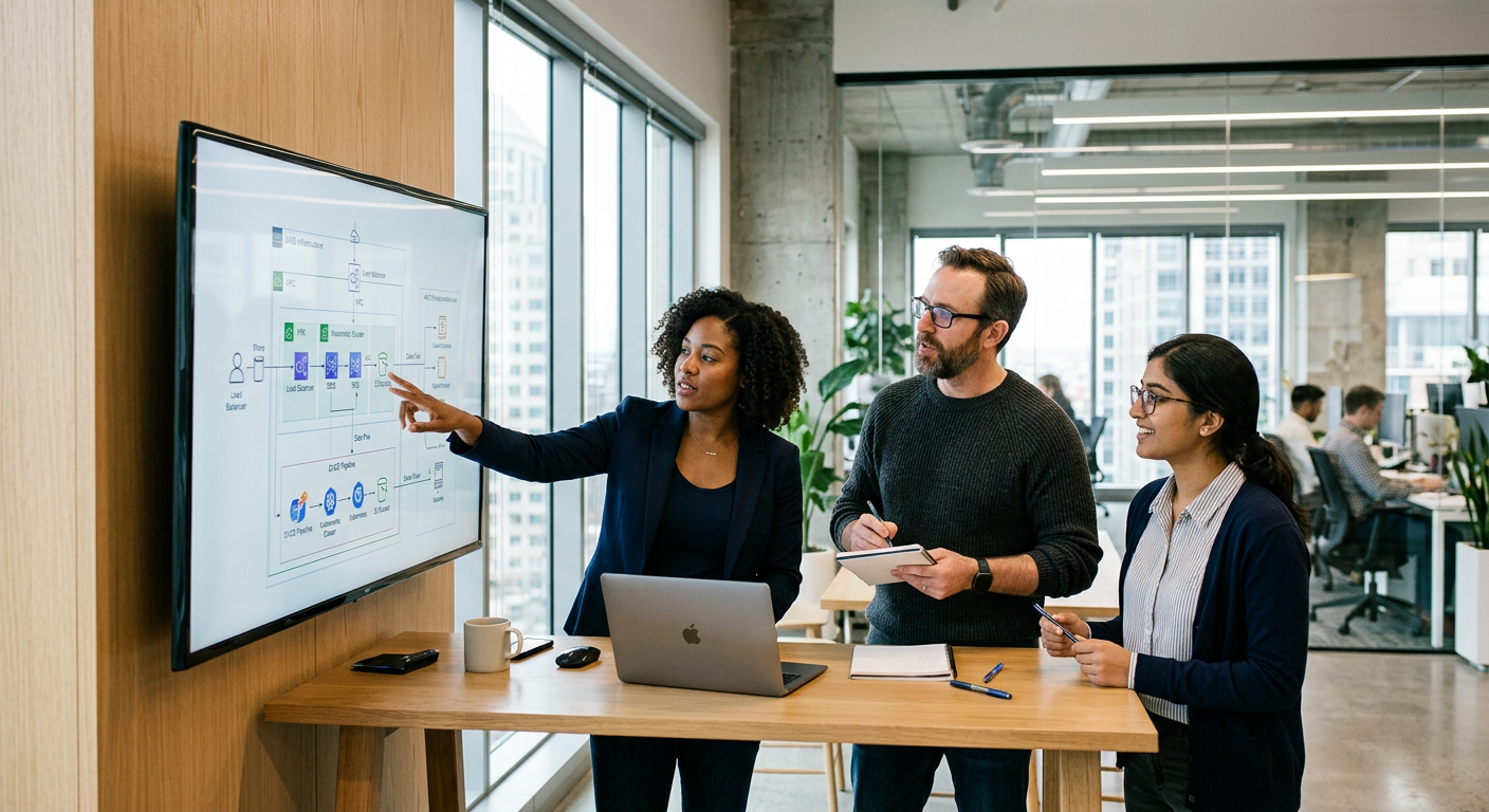 House of Dreams consultants reviewing a cloud architecture diagram together